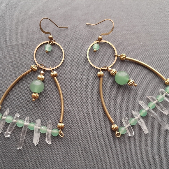 SOLD! XXL Aventurine and Quartz Crystals Chandelier Earrings - Picture 3 of 3